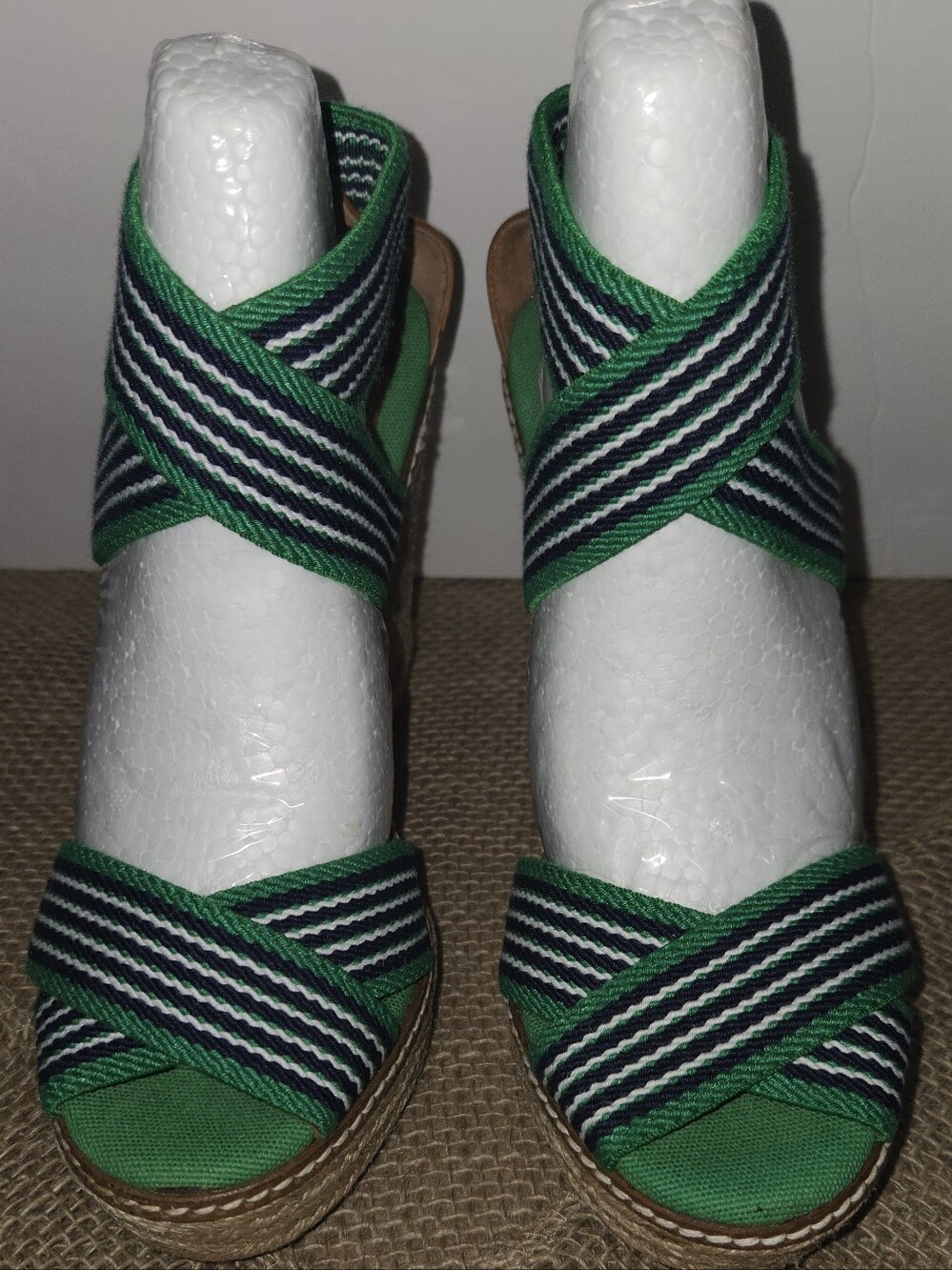 Tory Burch Green Striped Espadrille Wedge Sandals